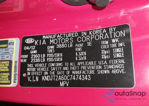 2012 Kia Soul + from USA, damaged, VIN KNDJT2A60C7474343